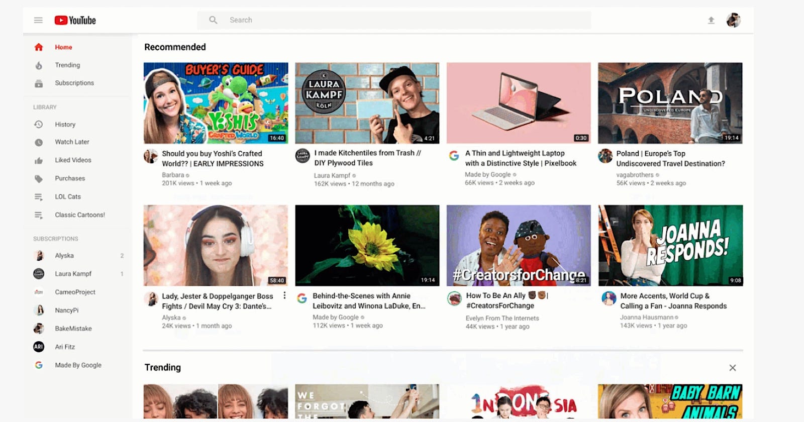 YouTube вебсайтының бас бетиндеги фронтенд интерфейси