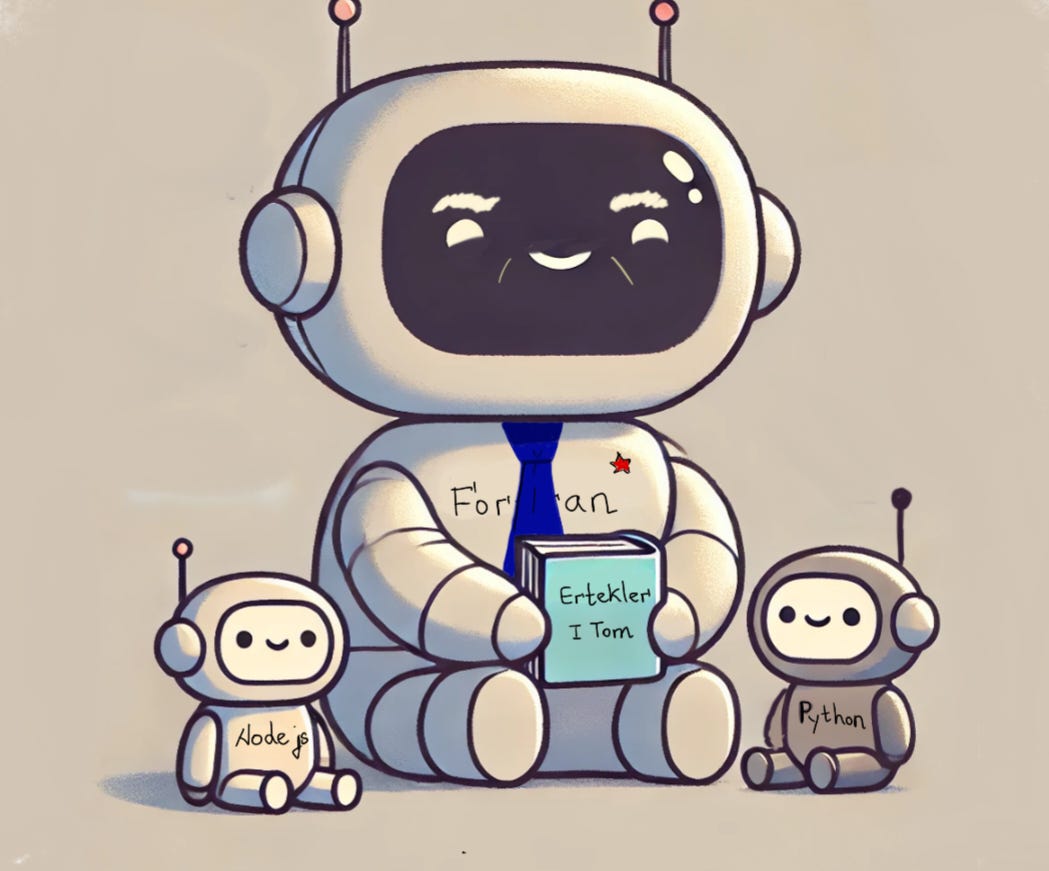 Fortran, Node.js ҳәм Python тиллерин көрсететуғын роботлар