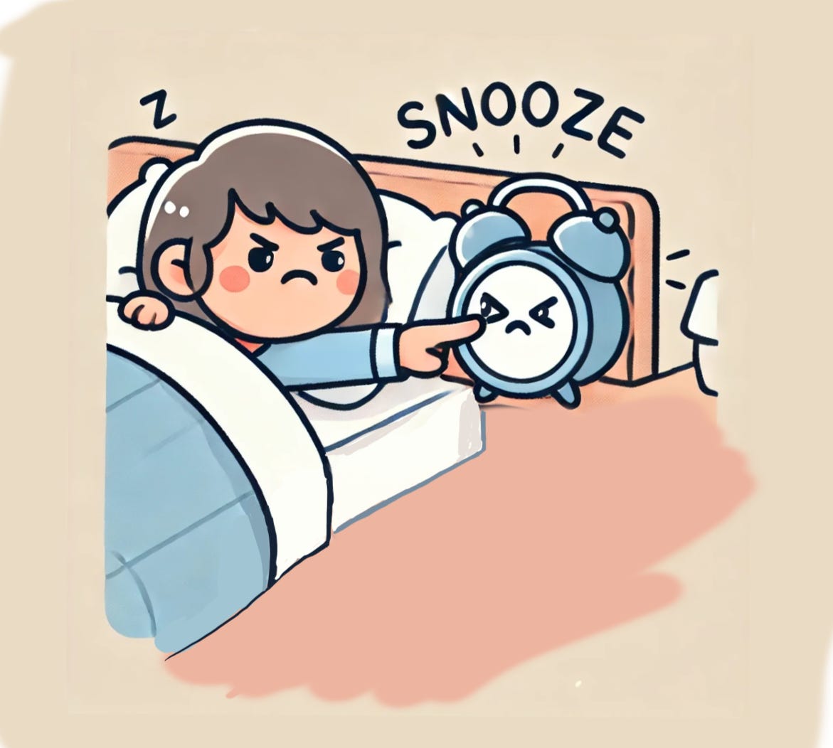 Будильниктеги snooze түймесин қайта басып атырған адам