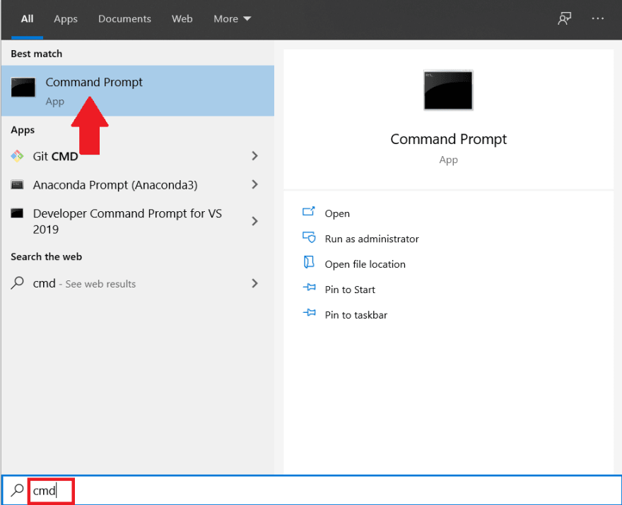 Windows поискинде cmd деп жазылып, Command Prompt табылған